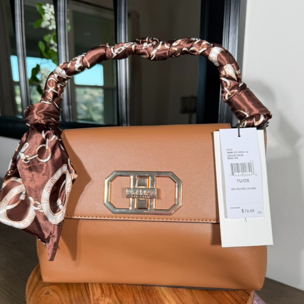 Nicole Miller New York Tan Top Handle Satchel Gold Hardware Scarf Handle NWT - Picture 2 of 7